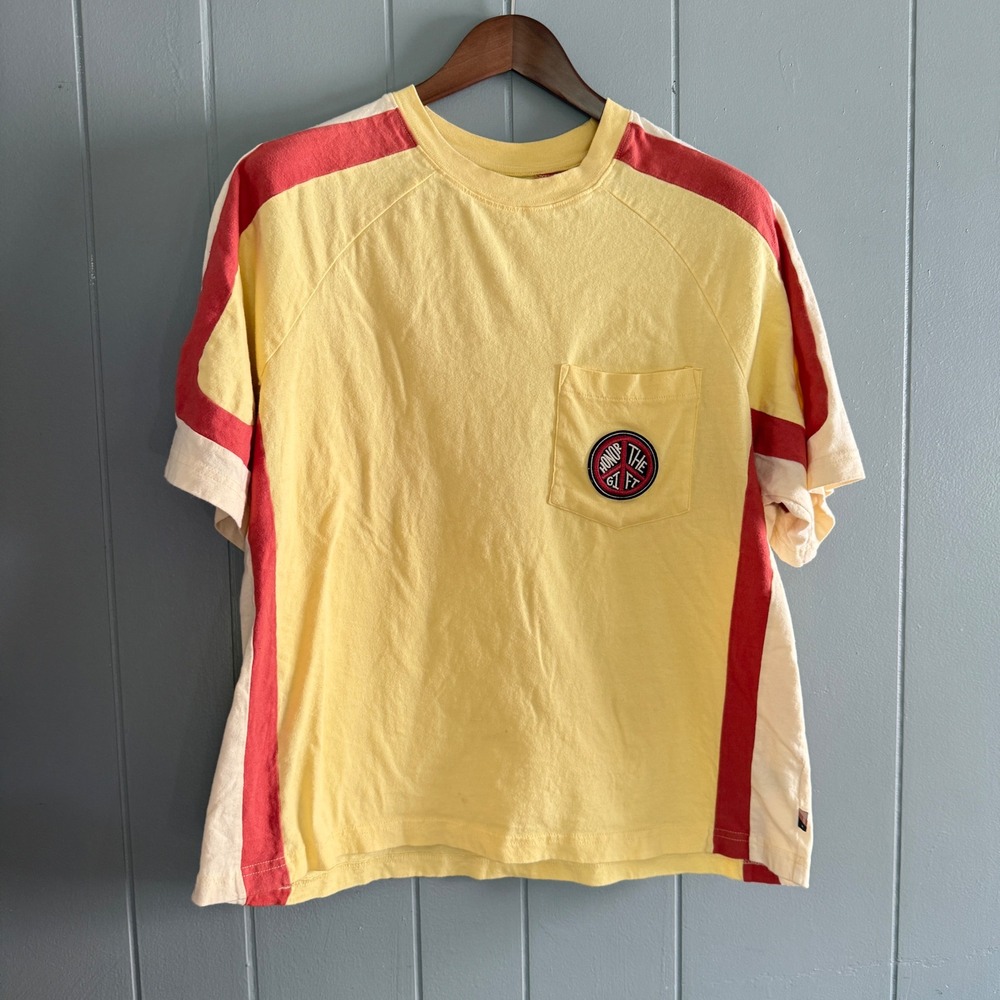 Honor The Gift Mens S Yellow Red Colorblock Raglan Pocket Tee Peace Sign Patch